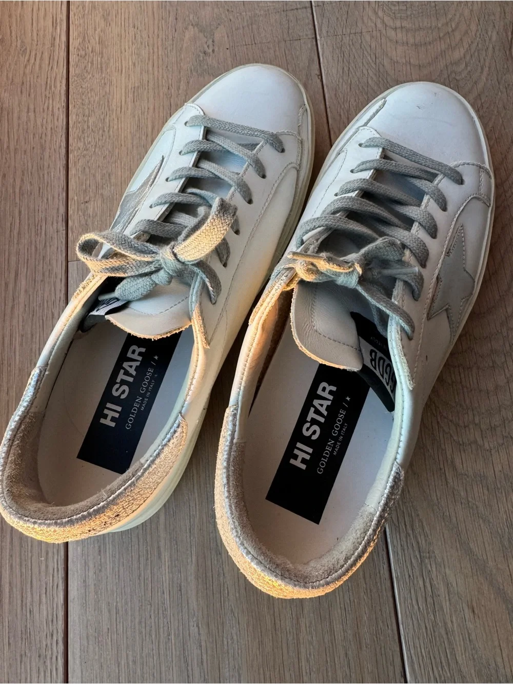 Golden Goose Hi Star with silver star and metallic silver heel